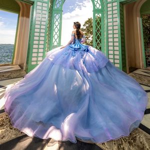 Luxury Lilac Sky Blue Shiny Quinceanera Dress Sweetheart Applique Lace Tull 2024 Ball Gown Sweep Train Prom Dress vestidos de 15