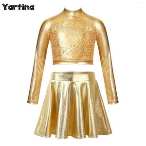 Abbigliamento da palco per ragazze, per bambini, con paillettes metalliche, per balletto lirico, top corto con minigonna a pieghe, costumi da cheerleader