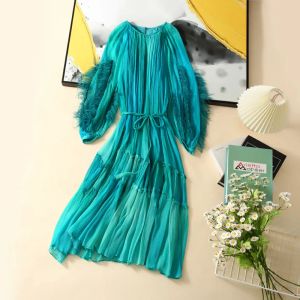 Dress Top End Women Fashion Silk Feather 0neck High Waist Long Dress Elegant Lady Lantern Sleeve Slim Maxi Dress Female Prom Gown