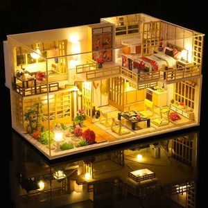 Arkitektur/DIY House DIY TROE CASA Doll House Japanese Room Miniature Building Kit Dollhouse With Furniture Lights Toys For Girls Birthday Presents