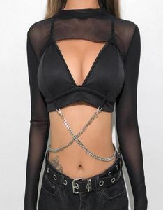 Kvinnor Sexig långärmad se genom Mesh Fishnet Crop Top Tee Shirt Sheer Black Short Women039S TSHIRT2389523