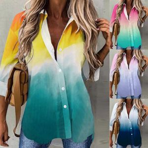 Women's Blouses Women Casual Long Sleeved Button Shirt Cardigan Color Gradient Printed Womens Sleeve Cotton Tops