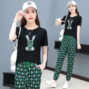 Anzüge frauen Sport Anzug Kurzarm Crop Top 2023 Frühling Sommer Neue Mode Koreanische Version Casual Gedruckt T-shirt Hosen 2 stück Set