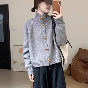 Кардиганы Rimocy Turtleneck Grey Cardigan Женщины корейский стиль вязаный свитер с длинным рукавом женщина хараджуку сплошной кнопку