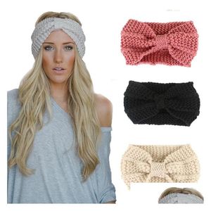 Headbands New Designer Women Solid Cloghet Bow Knot Turban Knitted Head Wrap Hairband Winter Ear Warmer Headband Hair Band Accessorie Dhau4