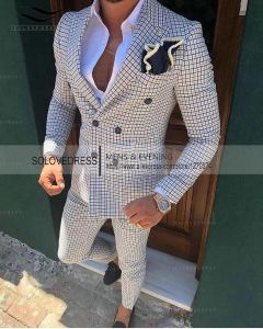 Костюмы Серебряные мужские шерстяные клетчатые костюмы из 2 предметов Модный двубортный пиджак с лацканами для выпускного вечера Slim Fit Смокинги для жениха (пиджак + брюки)