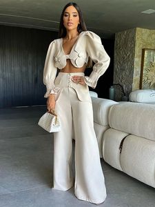 Sexig flarehylsa blusbyxor Set Women Chic V Neck Backless Crop Top High midja breda benbyxor Passar 2024 Spring Outfits 240304