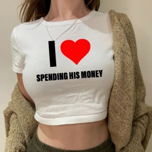 T-shirt Amo spendere i suoi soldi Lettere divertenti Stampa Top corto da donna Moda estiva Abbigliamento per adolescenti Abiti streetwear O Collo