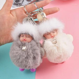 Keychains Pompom Sleeping Baby Keychain Cute Fluffy Plush Doll Women Girl Bag Keyrings Cars Key Ring Jewelry Gift Porte Clef1252p