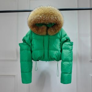 Mäntel Janveny Big Echt Waschbären Pelz Mit Kapuze Wasserdichte Winter Kurze Puffer Mantel Ärmeln Abnehmbare Frauen Ente Unten Jacke Weibliche Parkas