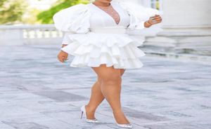 African Women Plus Size Biała sukienka imprezowa Vintage Puff Slete Ruffle Warstwowa warstwowa Summer Spring Club Mini sukienki CA2917510