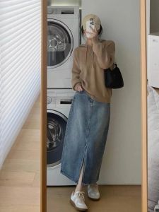 Skirts New Woman Denim Skirt Long Tall Girl Friendly Casual Plain Vintage Y2k Midi Skirt Front Split Minimalist Korean Streetwear Skirt