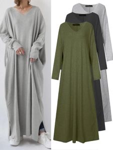 Kleid 5XL Frauen Sommer Maxi Kleid Türkei Eid Solide Baumwolle Lange Sexy Aline V-ausschnitt es Marokkanischen Kaftan Robe islamischen Tuch