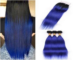 Malaysiskt mänskligt hår Mörkblå ombre kroppsvågvävbuntar 3st med stängning 1BBlue ombre hår wefts med 4x4 framspets stängdeu4541967