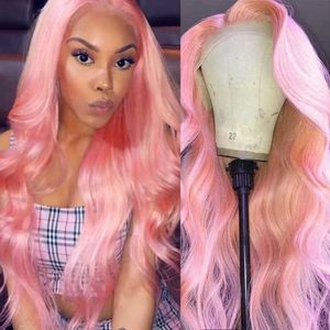 Hair Wigs Light Pink Color Body Wave Synthetic Wig Long Wavy Natural Hair Glueless Fiber Lace Front Wig for Women Cosplay Use 240306