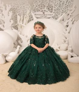 Girl039s Dresses Vintage Green Ball Gown Flower Girl For Wedding Beaded Lace Short Sleeve Toddler Girls Pageant Dress Kids Form4909873