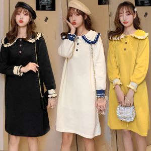 Dresses 2024 Spring Autumn Pregnant Women's Loose Long Sleeve Dress Peter Pan Collar Maternity ALine Dress Plus Size Pregnancy Clothes