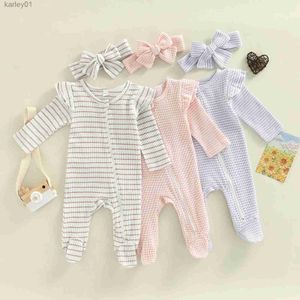 Footies Newborn Baby Girls Footies Suit Long Sleeve Zipper Ruffle Patchwork Casual Party Street Spring Jumpsuits +Headband 0-9M YQ240306