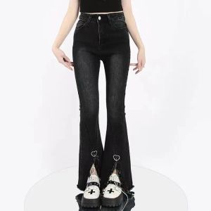 Jeans svart grå blared jeans kvinna hög midja breda ben byxor sträcker täta denim byxor för kvinnlig split harajuku punk gothic