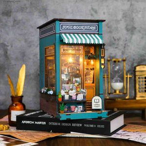 Arkitektur/DIY House Ny DIY Träbok Nook Hylla Insert Kit Miniature Building Kits Soul Bookstore Bookhelf Bookends for Adults Födelsedagspresenter