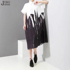 Dress Side Pocket ShortSleeve Loose Fit Summer Woman Casual Print Shirt Dress Black White Painted Fashion Big Size Robe Style LLMD014