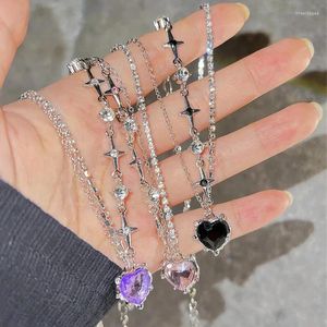 Necklace Earrings Set Pink Crystal Heart Pendant Necklaces Bowknot Rings For Women Girls Y2k Kpop Sweet Cool Open Finger Party Jewelry Gift