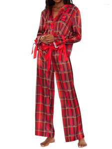 Women's Sleepwear Women 2Pcs Pajamas Sets Long Sleeve Lapel Neck Button Down Plaid Shirt Wide Leg Palazzo Pants Y2K Loungewear Outfits