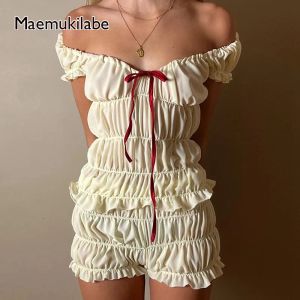 Установки Maemukilabe 00S Retro 2 Piece Set Set Cottage Lounge Vintage Off Plouds Tshirt Top + Шорты Kawaii Pajamas Женщины Y2K наряды