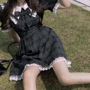 Kleid Mini Schwarze Kleider Puffärmel Frauen Lolita Girlish Designer Kawaii Kleidung Japanische Adrette Schleife Sommer Süße Ins Y2k Vestidos BF