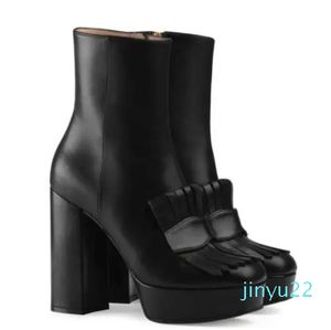 Designer-Damenstiefel, Plateau-Stiefelette mit Fransen, Schneestiefel, Marmont-Booties, High Heels, zweifarbige Hardware, echtes Leder, Winterschuhe, Größe