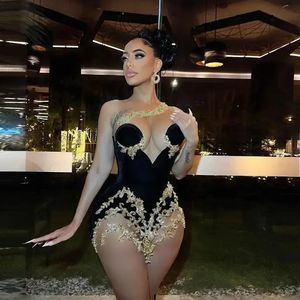 Black Cocktail Dress for Women Gold Crystal Applique Sheer Mesh Birthday Evening Queen Gown Short Prom Dresses Vestidos De Gala