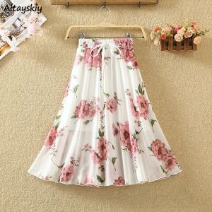 Vestidos chiffon floral impresso saias mulheres verão aline elegante retro allmatch elegante senhoras babados rendas até arco doce cintura elástica