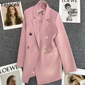 Blazers yojoceli 가을 여성 포켓 핑크 블레이저 패션 캐주얼 사무실 숙녀 Blazer Black Double Breasted Notched Collar Tops 외부웨어