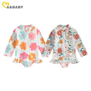 Badkläder Mababy 15y Toddler Kids Baby Girl Swimits Summer Floral Long Sleeve Zipper Ruffles Swimwear Beachwear Bathing Suits D01