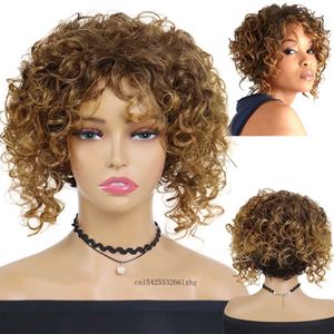 Perucas de cabelo curto afro encaracolado para mulheres peruca loira natural com franja ombre marrom penteado africano feminino diário festa de halloween 240306