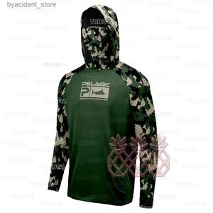 Camisas Casuais Masculinas Pelagic Mens Manga Longa Pesca Camisetas Proteção Uv Hoodies Máscara Facial Vestuário Respirável UPF50 + Roupas de Pesca L240306