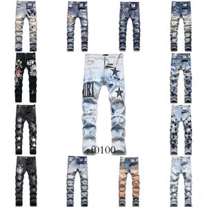 15 projektant Syles Amirs męskie dżinsy High Street Purple Jeans for Mens Haftery Pants Womensize Ripped Patch Hole Dżins prosta odzież uliczna mody