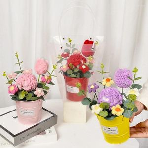 Flores decorativas dia das mães flor artificial balde de metal balde crochê lã de malha girassol artesanal acabado buquê