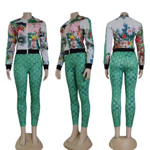 2024 지퍼 2 피스 팬츠 트랙 슈트 여성 의상 패션 인쇄 지퍼 재킷 및 스웨트 팬츠 세트 무료 배