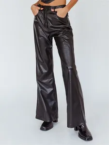 Calças femininas chronstyle faux couro mulheres cintura alta botões até bottoms flare calças streetwear estilo punk feminino com bolsos