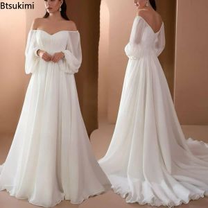 Dress 2024 Women's Elegant Wedding Evening Dress Puff Long Sleeve Sexy Off Shoulder VNeck Ruched White Maxi Floor Length Slim Gown