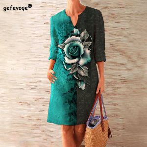 Dress Vintage Rose Three Quarter Dress 2022 V Neck Fashion Loose Waist Floral Printing Robe Women Comfortable Silky Summer Clothing