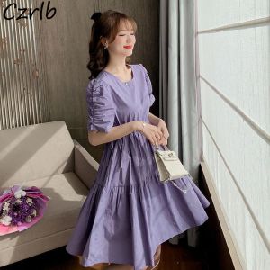 Klänning klänningar kvinnor sommar damer ny koreansk stil design vikar enkel mode casual harajuku allmatch solid mjukt vestido feminino