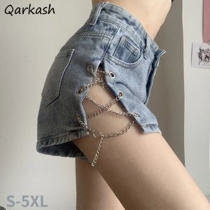Denim shorts kvinnor designkedja sexig koreansk stil s5xl hög midja mode heta flickor populära haruku botten vintage party slitage