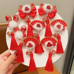 Hair Accessories Tassel Children Red Bow Hairpin Lovely Fan Plush Hanfu Sticks Cloth Girl Ancient Style Girls