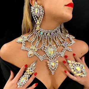 Stonefans Exaggerate Halsketten- und Ohrring-Sets für Frauen, Hochzeit, Kristall, 2 Stück/Set, größeres Strass-Schmuckset 240228