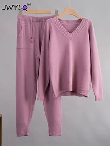 Осень-зима пуловер с v-образным вырезом и длинными рукавами, свитер, женские брюки с высокой талией, вязаный комплект из двух предметов, женские корейские теплые комплекты 240304