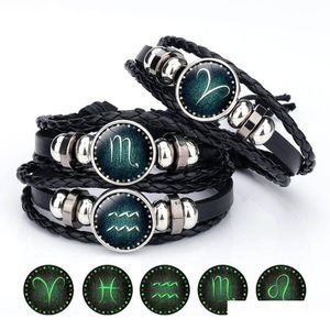 매력 팔찌 빛나는 12 개의 Zodiac Sign Bracelet for 여자를위한 남성 남성 어두운 별자리에 빛나는 매력 가죽 로프 체인 뱅글 diy f dhwzu