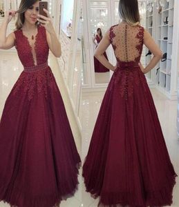 Sexy Burgundy Tulle A Line Prom Dresses V Neck Beaded Lace Pearls Beaded Floor Length Women Prom Dress Arabic Evening Gowns Formal3296702