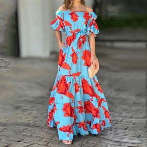 Dress 2023 New Fashion Women's Sexy One Shoulder Short Sleeve Printed Long Dress Bubble Sleeve Aline Skirt Elegant Commuting